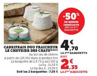 Super U CABRIFRAIS DUO FRAICHEUR LE CHEVRIER DES CRAYS*** offre