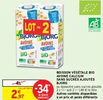 Intermarché BOISSON VÉGÉTALE BIO AVOINE CALCIUM offre
