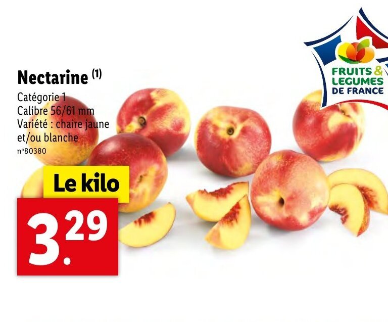 Promo Nectarine (¹) Catégorie 1 Calibre 56/61 mm Variété chaire jaune