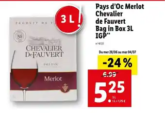 Lidl Pays d'Oc Merlot Chevalier de Fauvert Bag in Box 3L IGP** offre