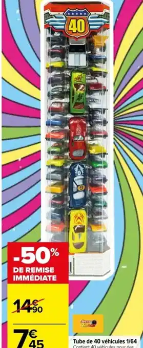 Carrefour Tube de 40 véhicules 1/64 Contient 40 véhicules pour des courses sans limites! Dès 3 ans. offre