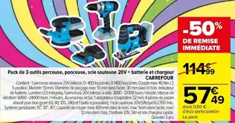 Carrefour Pack de 3 outils perceuse, ponceuse, scie sauteuse 20V + batterie et chargeur 1145 offre
