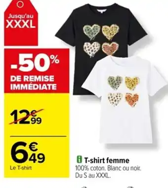 Carrefour 8 T-shirt femme 100% coton. Blanc ou noir. offre