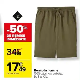 Carrefour Bermuda homme 100% coton. Kaki ou beige. Du S au XXL. offre