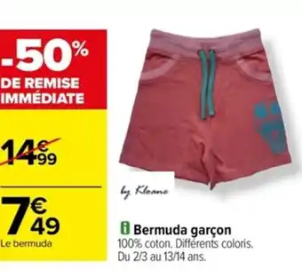 Carrefour Bermuda garçon 100% coton. Différents coloris. offre
