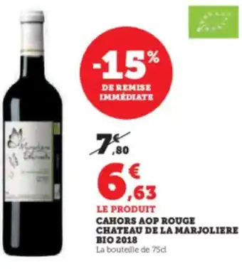 Super U CAHORS AOP ROUGE CHATEAU DE LA MARJOLIERE BIO 2018 offre