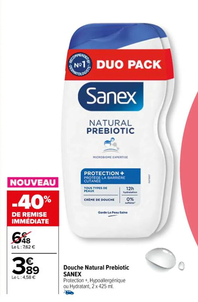 Promo Douche Natural Prebiotic SANEX chez Carrefour