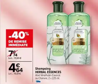 Carrefour Shampoing HERBAL ESSENCES Aloé Véra/huile d'avocat ou Chanvre, 2 x 225 ml. offre