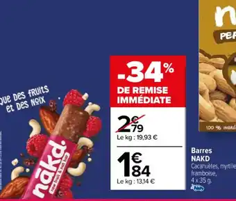 Carrefour Barres NAKD Cacahuètes, myrtilles, framboise, offre