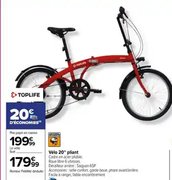 Carrefour Vélo 20" pliant Cadre en acier pliable. Roue libre 6 vitesses. offre