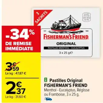 Pastilles Original FISHERMAN'S FRIEND Menthol - Eucalyptus, Réglisse ou Framboise, 3 x 25 g.