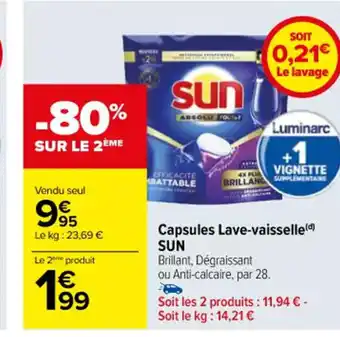 Carrefour Capsules Lave-vaisselle(d) SUN Brillant, Dégraissant ou Anti-calcaire, par 28. offre