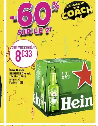 Géant Casino Bière Blonde HEINEKEN 5% vol. 12 x 33 cl (3,96 L) offre
