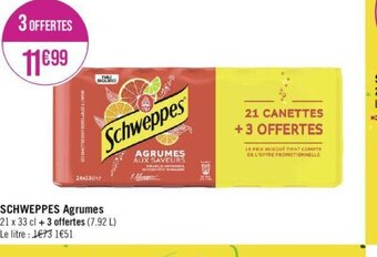 Géant Casino SCHWEPPES Agrumes 21 x 33 cl + 3 offertes (7.92 L) Le litre : 1€73 1€51 offre