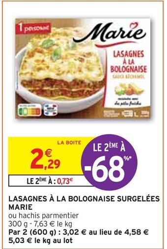 Intermarché Marie lasagnes à la bolognaise surgelées offre