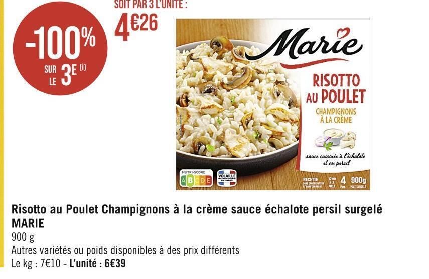 Promo Marie risotto au poulet champignons à la crème sauce échalote persil surgelé chez Casino