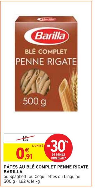 Intermarché Barilla pâtes au blé complet penne rigate offre