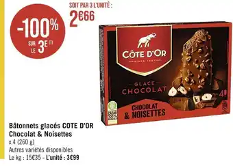 Casino Supermarchés Cote d’or bâtonnets glacés chocolat & noisettes offre