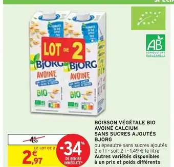 Intermarché Bjorg boisson végétale bio avoine calcium sans sucres ajoutés offre