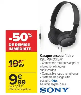 Carrefour Sony casque arceau filaire offre