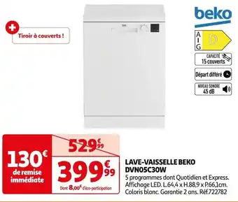 Auchan LAVE-VAISSELLE BEKO DVN05C30W offre