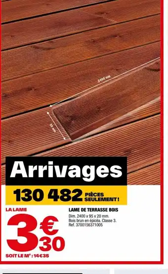 Brico Dépôt LAME DE TERRASSE BOIS Dim. 2400 x 95 x 20 mm. Bois brun en épicéa. Classe 3. Ref. 3700156371005 offre