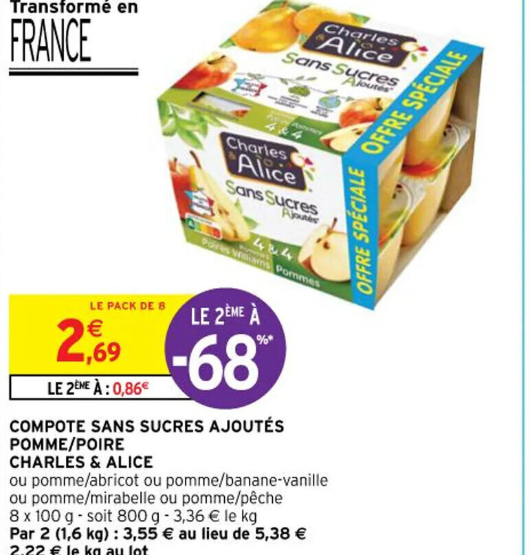 Promo COMPOTE SANS SUCRES AJOUTÉS POMME/POIRE CHARLES & ALICE chez