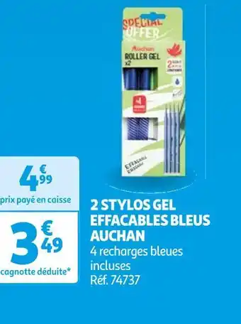 Auchan Auchan 2 stylos gel effacables bleus offre