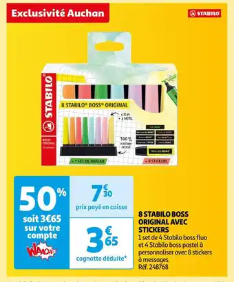Auchan Stabilo 8 stabilo boss original avec stickers offre