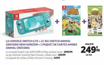 Auchan LA CONSOLE SWITCH LITE + LE JEU SWITCH ANIMAL CROSSING NEW HORIZON + 1 PAQUET DE CARTES AMIIBO ANIMAL CROSSING offre