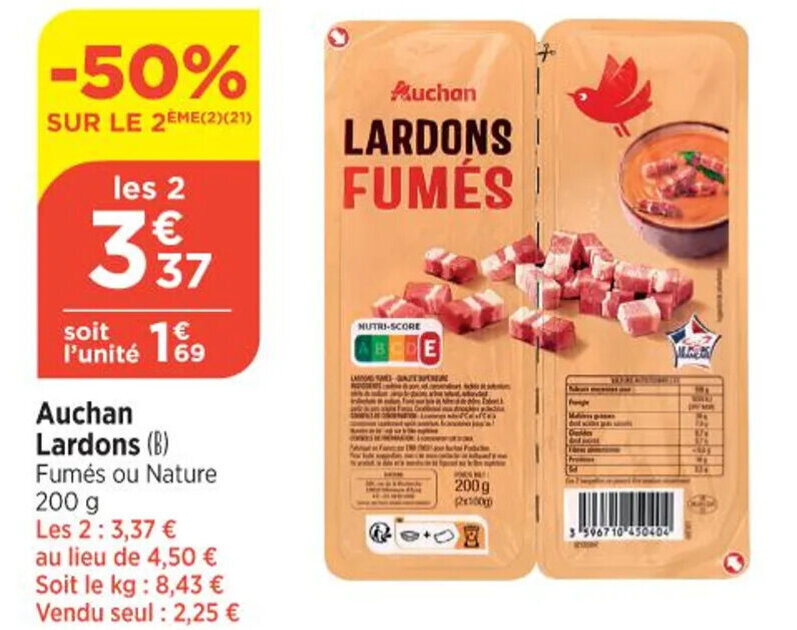 Promo Auchan Lardons (B) Fumés ou Nature 200 g chez Bi1