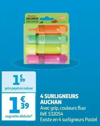 Auchan 4 surligneurs auchan avec grip, couleurs offre