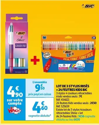 Auchan Lot de 3 stylos irisés + 24 feutres kids bic offre
