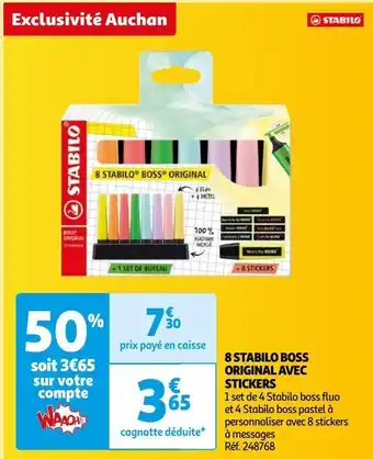 Auchan 8 stabilo boss original avec stickers offre