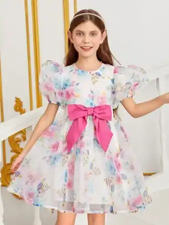 SheIn Shein fille robe à imprimé floral manches bouffantes à nœud papillon offre