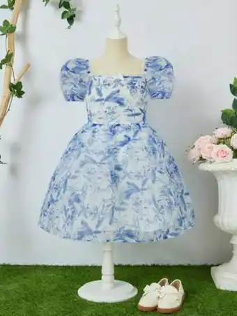 SheIn Shein fille robe à imprimé floral manches bouffantes à nœud papillon en organza offre