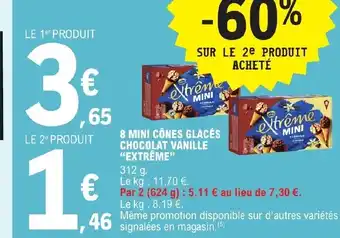 E.Leclerc 8 MINI CÔNES GLACÉS CHOCOLAT VANILLE "EXTRÊME" offre