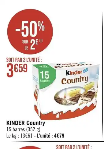 Géant Casino KINDER Country 15 barres (352 g) Le kg: 13€61 - L'unité : 4€79 offre