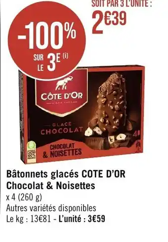 Géant Casino Bâtonnets glacés COTE D'OR Chocolat & Noisettes x 4 (260 g) offre