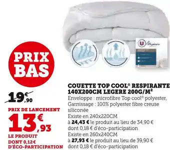 Super U U maison couette top cool respirante 140x200cm legere 200g/m² offre