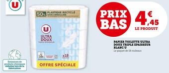 Super U U papier toilette ultra doux triple epaisseur blanc offre