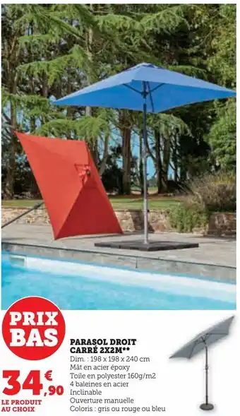Hyper U Parasol droit carré 2x2m offre