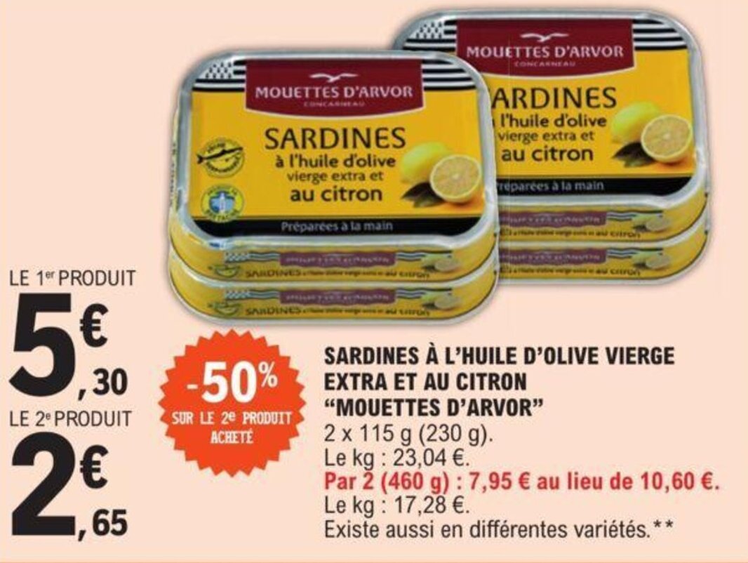 Promo SARDINES À L'HUILE D'OLIVE VIERGE EXTRA ET AU CITRON chez E.Leclerc