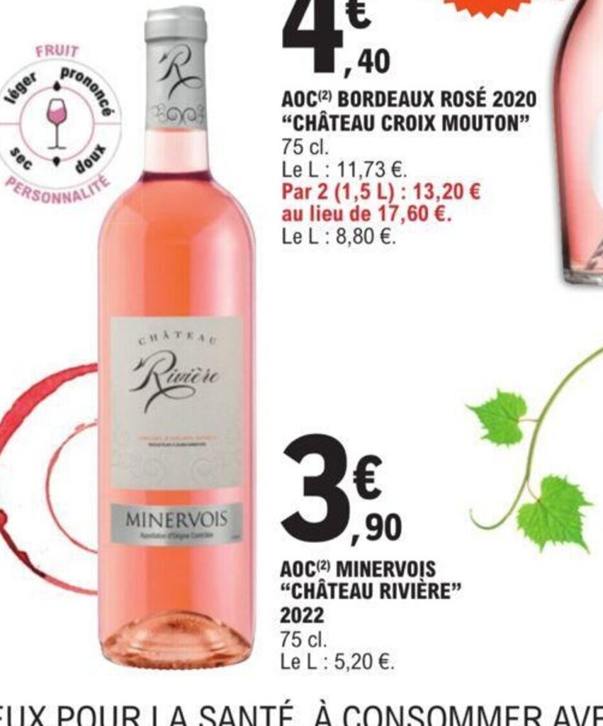 Promo AOC(2) MINERVOIS "CHÂTEAU RIVIÈRE" 2022 chez E.Leclerc
