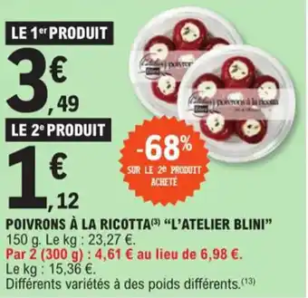 E.Leclerc POIVRONS À LA RICOTTA(3) "L'ATELIER BLINI" 150 g. Le kg: 23,27 €. offre