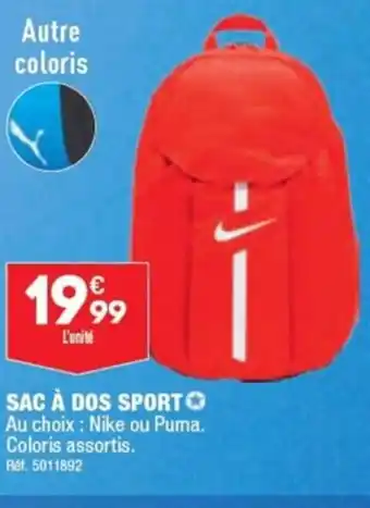ALDI SAC À DOS SPORTO Au choix : Nike ou Puma. Coloris assortis. Réf. 5011892 offre