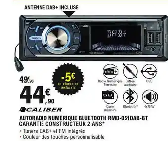 E.Leclerc L'Auto Caliber Autoradio Numérique Bluetooth Rmd-051dab-bt offre