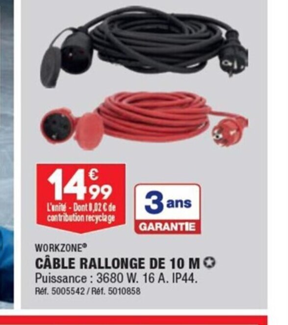 Promo CÂBLE RALLONGE DE 10 M Puissance 3680 W. 16 A. IP44. Réf