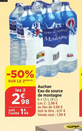 Maximarché Auchan Eau de source de montagne 6 x 1,5 L (9 L) Les 2: 2,98 € au lieu de 3,98 € Soit le litre : 0,17 € Vendu seul : 1,99 € offre