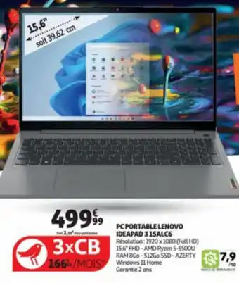 Auchan PC PORTABLE LENOVO IDEAPAD 315ALC6 Résolution: 1920 x 1080 (Full HD) 15,6" FHD-AMD Ryzen 5-5500U RAM 8Go-512Go SSD-AZERTY offre
